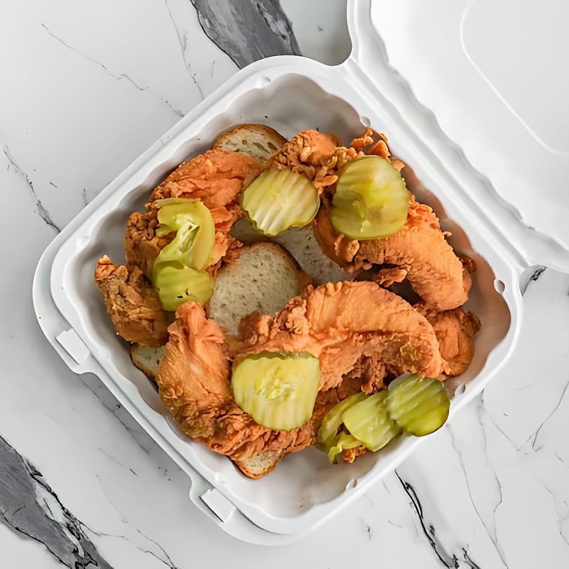 Sumah Hot Chicken's fried chicken tenders with pickles and bread in a takeout container.