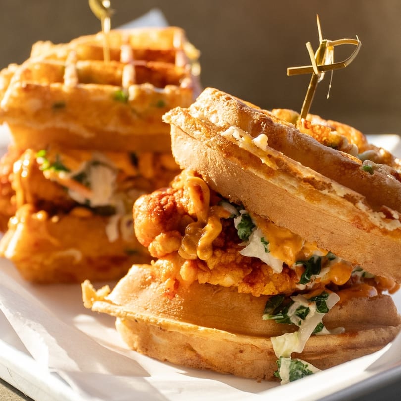 Two Sumah Hot Chicken waffle sandwiches with crispy fried chicken, sauce, and greens.